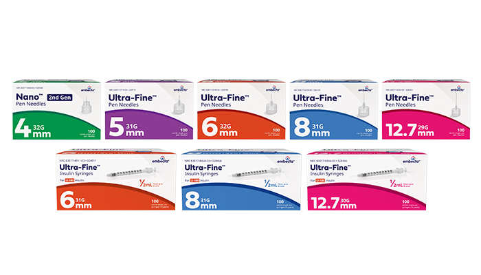 embecta pen needle and insulin syringe package options by size: 4mm, 5mm, 6mm, 8mm, and 12.7mm